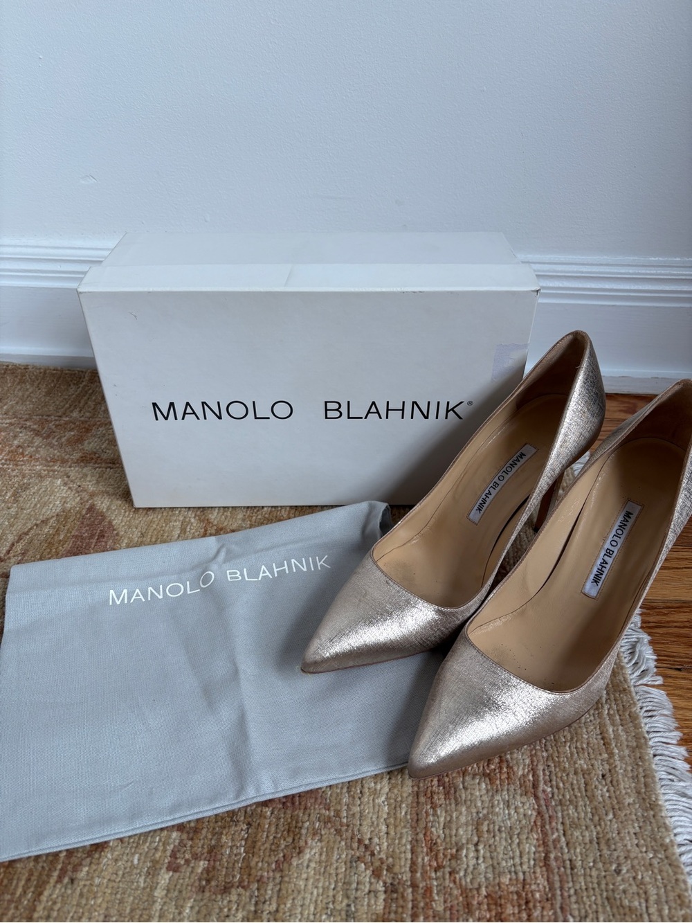 Manolo Blahnik "BB" Gold Satin Pointed-Toe Pumps — Size 39